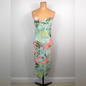 Vintage Jessica Ash Tropical Midi Dress Ruffle Neck Size Small Made in USA